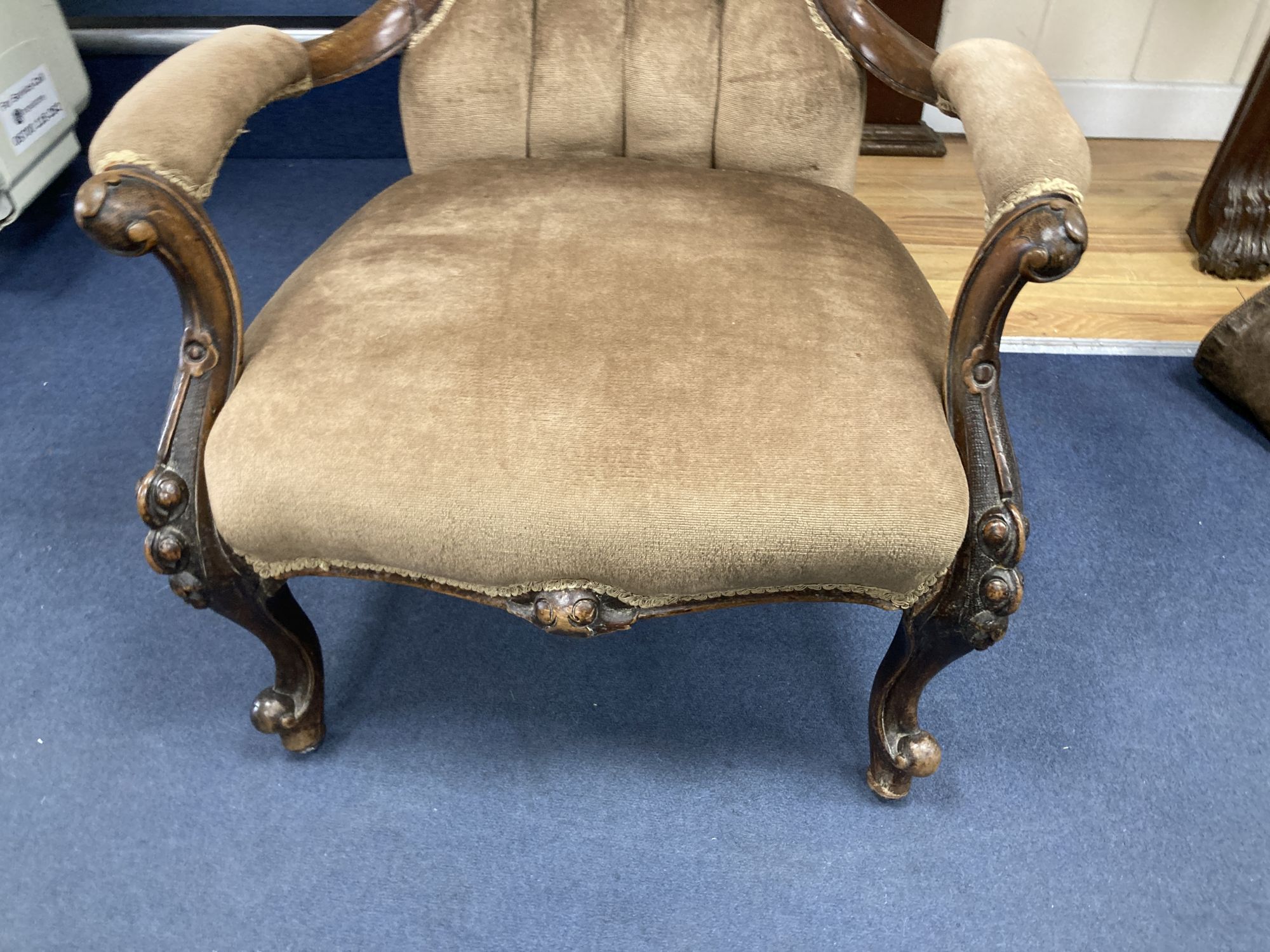 A Victorian walnut spoon back open elbow chair, width 70cm, depth 70cm, height 96cm